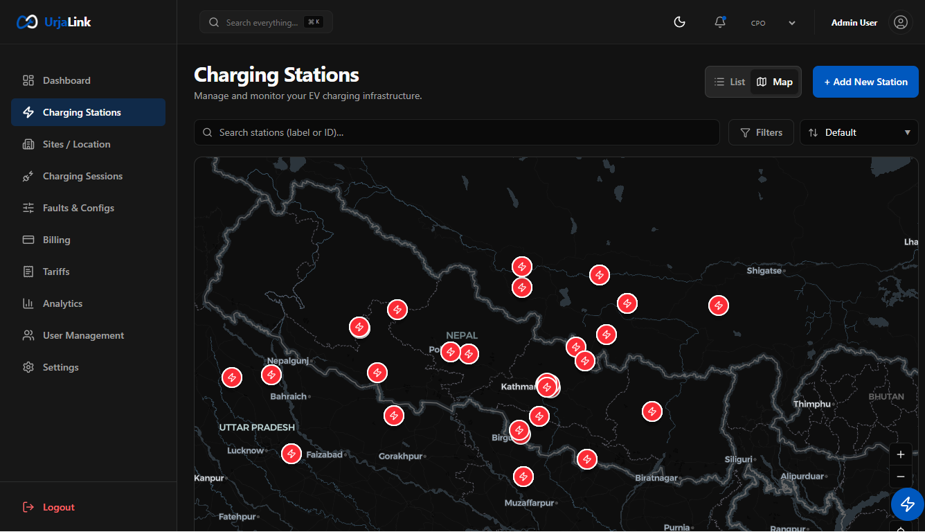 Interactive station map showing charging station locations and availability